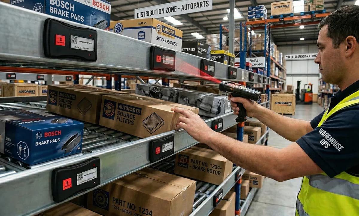 Worker picking auto parts from warehouse shelving