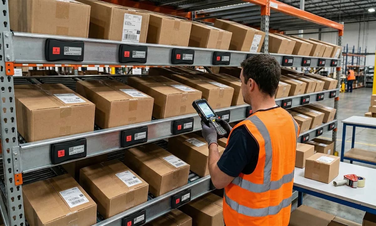 Warehouse worker scanning packages with Hero Bot IoT devices on shelves